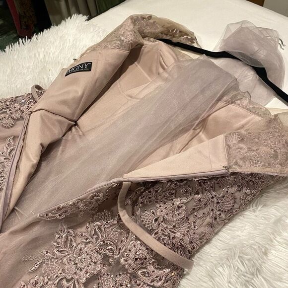 NEW MGNY by Mori Lee Beaded Lace Illusion Neck A-Line Maxi Dress Gown in Dusty L - Picture 9 of 12